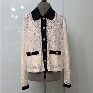 J. Crew Elegant Lace Shirt Jacket with Black Accents Peter Pan Collar Small